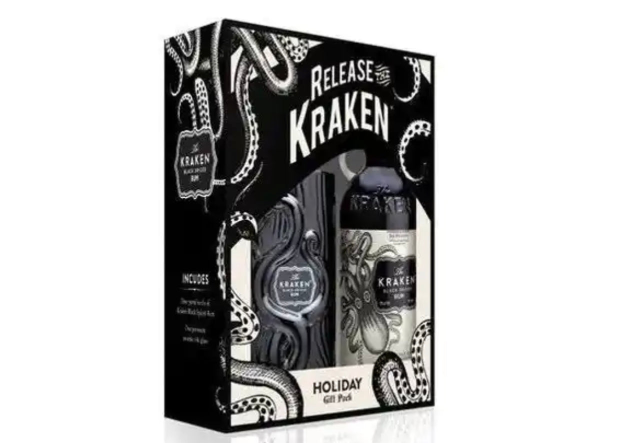 Kraken Black Spiced Rum Limited Edition Tiki Mug, Bottle (empty) and Box.