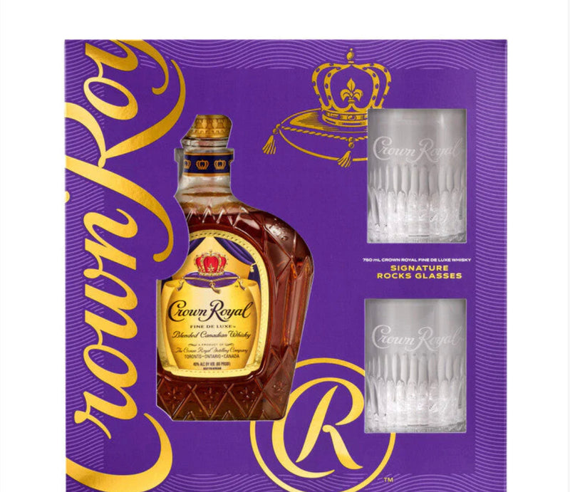 Crown Royal Canadian Fine De Luxe Whisky w/ Holiday Glasses