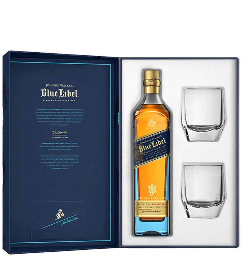 Johnnie Walker Blue Label Blended Scotch Whisky With Two Crystal Glasses