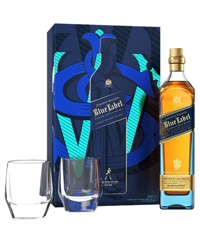 Johnnie Walker Blue Label Blended Scotch Whisky With Two Crystal Glasses